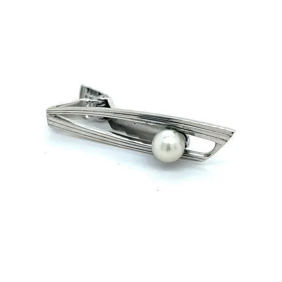 Mikimoto Estate Akoya Pearl Mens Tie Clip 7 mm Sterling Silver M316